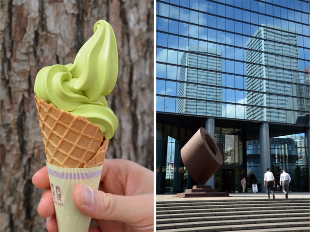 Matcha soft serve ice cream; reflections in downtown Osaka
